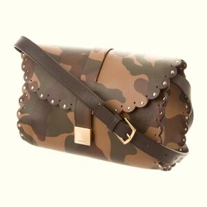 Furla Leather Camo Crossbody. Scalloped Accent. Leather inside w/single pocket.
